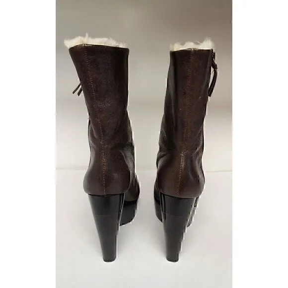 Alice   Olivia OVIS ARIES Brown Dyed Lamb Shearling Boots Fur Trim 35.5/US 5