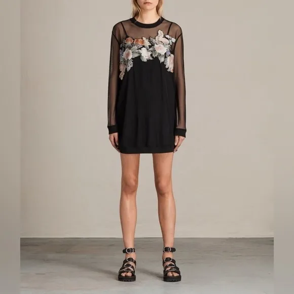 All Saints / Keela Sweat Dress  floral appliqué mesh long sleeve black small S