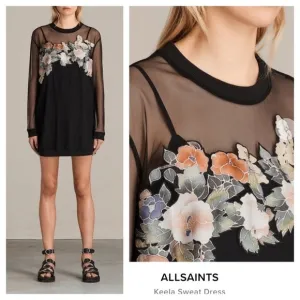 All Saints / Keela Sweat Dress  floral appliqué mesh long sleeve black small S