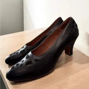 American Duchess Black Leather Kitten Heel Pumps Sz 10.5 Geometric Cutouts