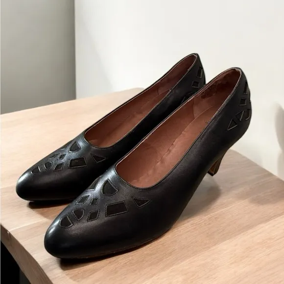 American Duchess Black Leather Kitten Heel Pumps Sz 10.5 Geometric Cutouts