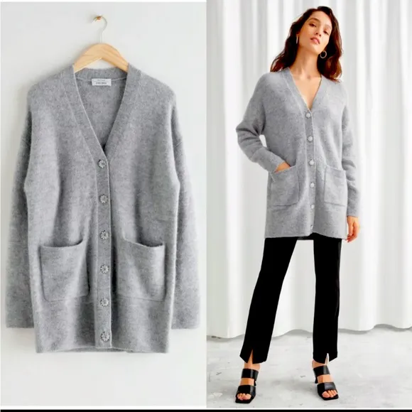 &amp; Other Stories Diamanté Jewel Button Alpaca Blend Long Cardigan Sweater