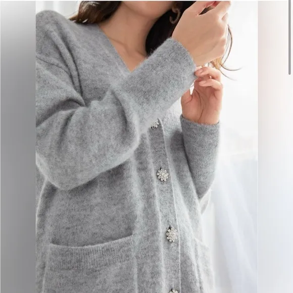 &amp; Other Stories Diamanté Jewel Button Alpaca Blend Long Cardigan Sweater