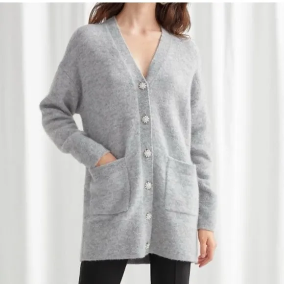 &amp; Other Stories Diamanté Jewel Button Alpaca Blend Long Cardigan Sweater