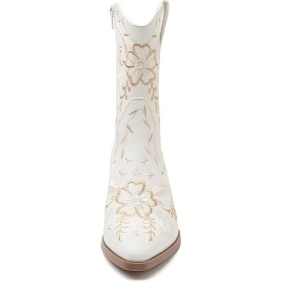 Anjofemme ABoot Women White Polyurethane Embroidered Round-toe