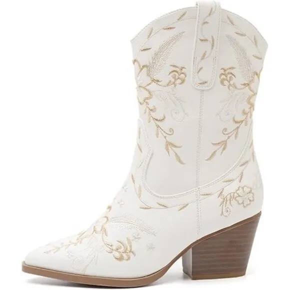 Anjofemme ABoot Women White Polyurethane Embroidered Round-toe