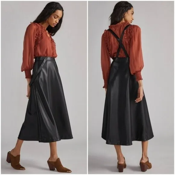 Anthropologie Black Faux Leather Goth Pinafore Skirt with Straps NWT