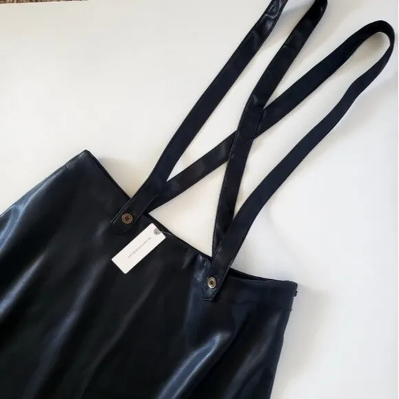 Anthropologie Black Faux Leather Goth Pinafore Skirt with Straps NWT