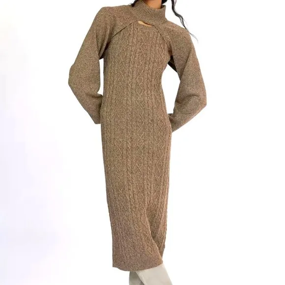Anthropologie Current Air M NWT Cable-Knit Midi Sweater Dress 2 Piece Set Cedar