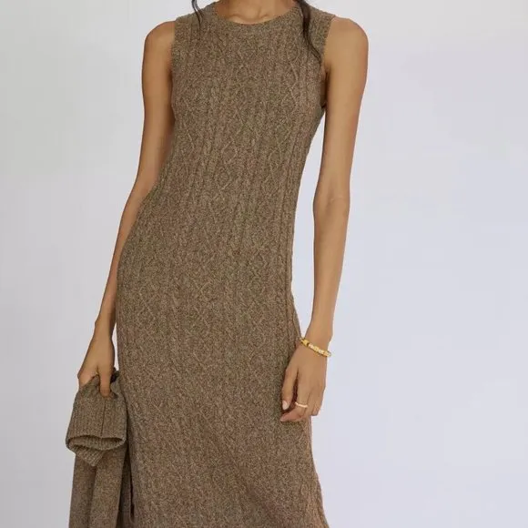 Anthropologie Current Air M NWT Cable-Knit Midi Sweater Dress 2 Piece Set Cedar