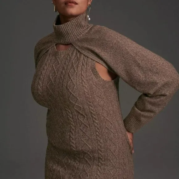 Anthropologie Current Air M NWT Cable-Knit Midi Sweater Dress 2 Piece Set Cedar