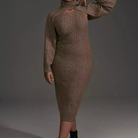 Anthropologie Current Air M NWT Cable-Knit Midi Sweater Dress 2 Piece Set Cedar