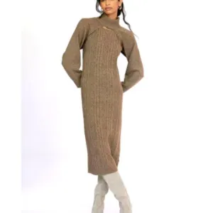 Anthropologie Current Air M NWT Cable-Knit Midi Sweater Dress 2 Piece Set Cedar