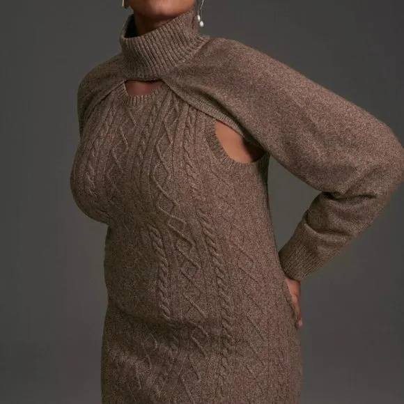Anthropologie Current Air XS NWT Cable-Knit Midi Sweater Dress 2 Piece Set Cedar