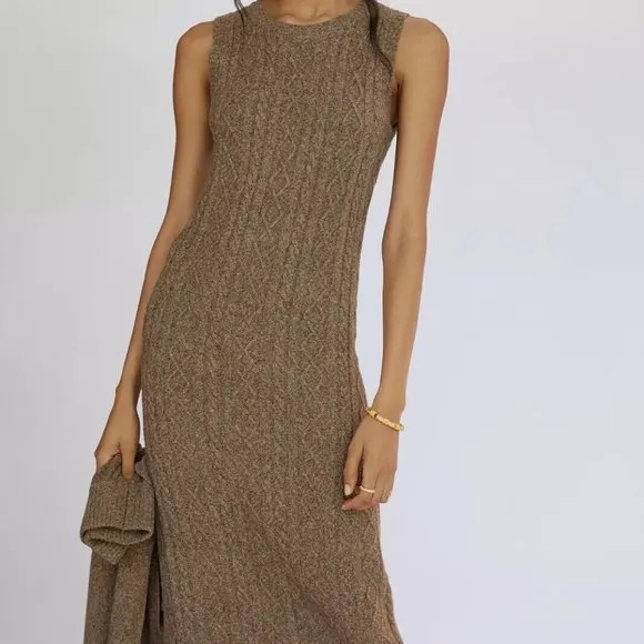 Anthropologie Current Air XS NWT Cable-Knit Midi Sweater Dress 2 Piece Set Cedar