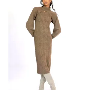 Anthropologie Current Air XS NWT Cable-Knit Midi Sweater Dress 2 Piece Set Cedar