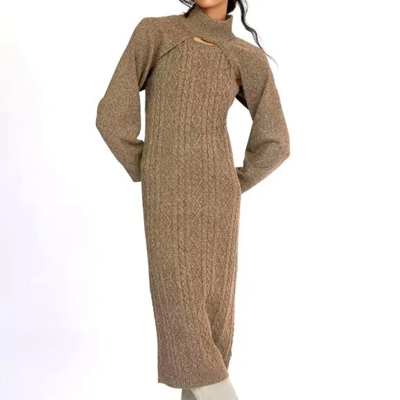 Anthropologie Current Air XS NWT Cable-Knit Midi Sweater Dress 2 Piece Set Cedar