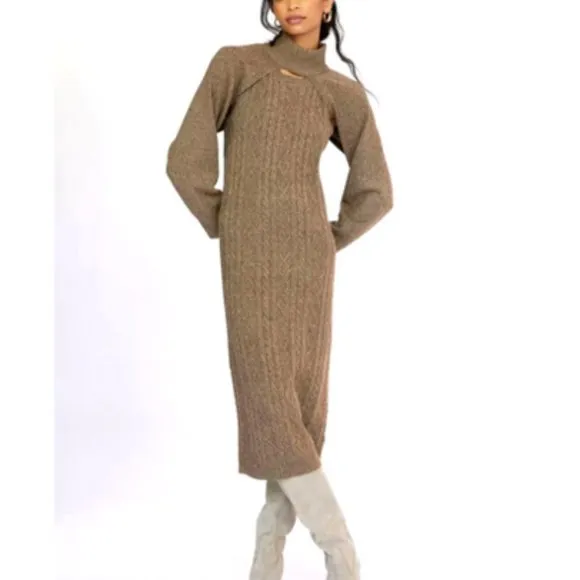 Anthropologie Current Air XS NWT Cable-Knit Midi Sweater Dress 2 Piece Set Cedar