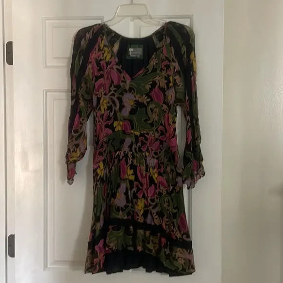 Anthropologie Genevieve Lace Mini Dress black long sleeve floral gauze S SP