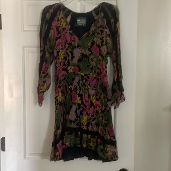 Anthropologie Genevieve Lace Mini Dress black long sleeve floral gauze S SP