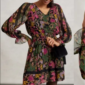 Anthropologie Genevieve Lace Mini Dress black long sleeve floral gauze S SP