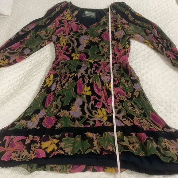 Anthropologie Genevieve Lace Mini Dress black long sleeve floral gauze S SP
