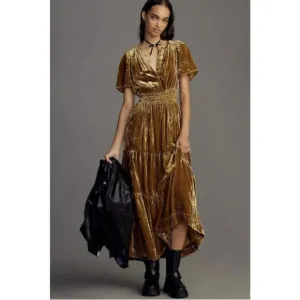 Anthropologie - Velvet Somerset Maxi Dress in Rust Gold color, size M
