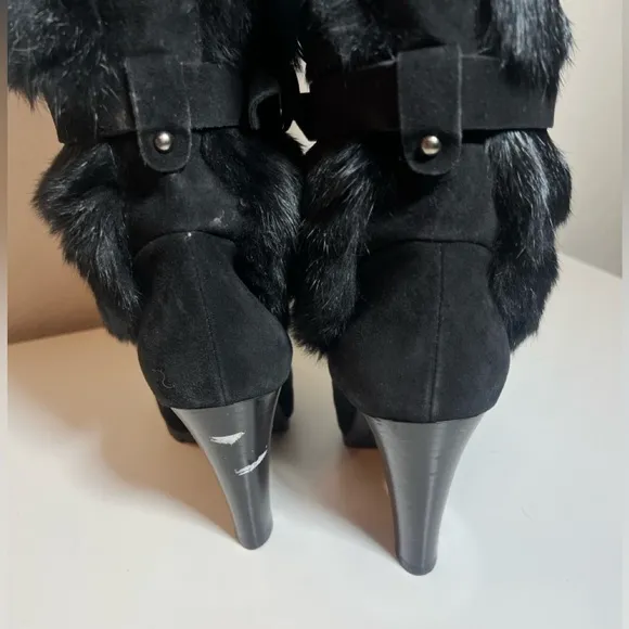 Aquatalia black fur fluffy belted Italian heel mid calf slip on boots booties 7