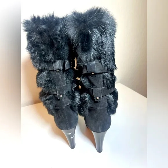 Aquatalia black fur fluffy belted Italian heel mid calf slip on boots booties 7