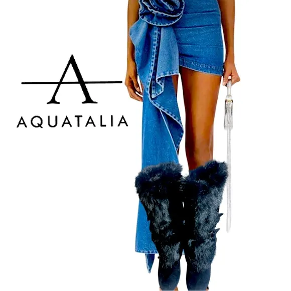 Aquatalia black fur fluffy belted Italian heel mid calf slip on boots booties 7
