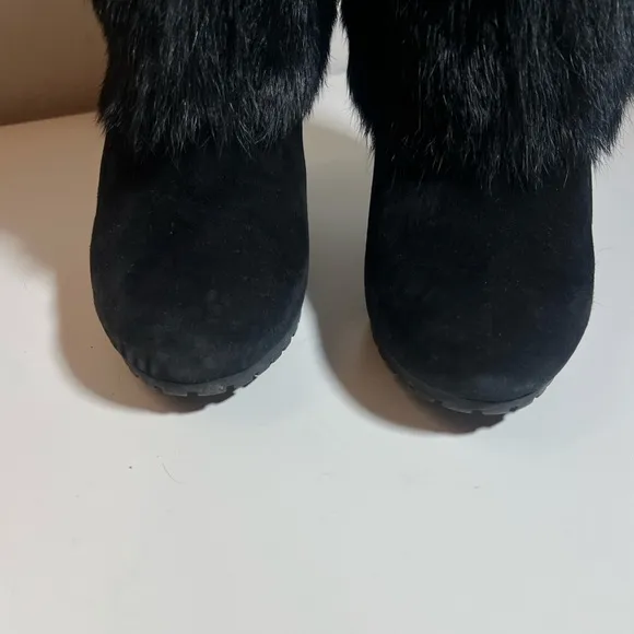 Aquatalia black fur fluffy belted Italian heel mid calf slip on boots booties 7