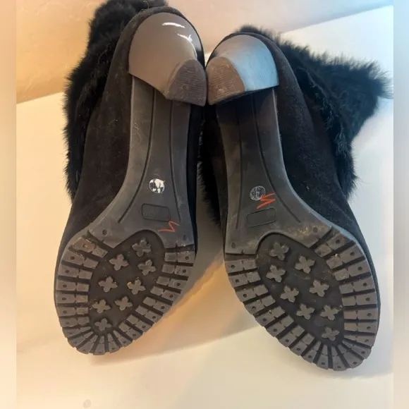 Aquatalia black fur fluffy belted Italian heel mid calf slip on boots booties 7