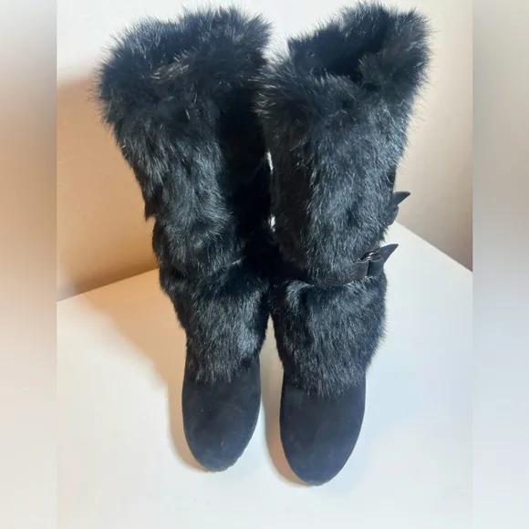 Aquatalia black fur fluffy belted Italian heel mid calf slip on boots booties 7