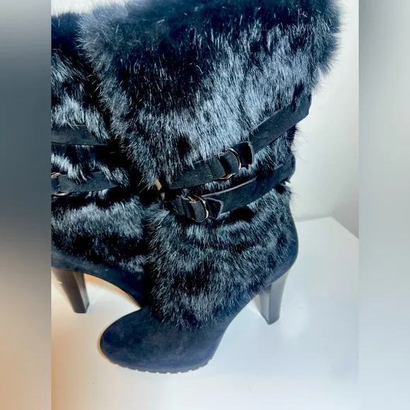 Aquatalia black fur fluffy belted Italian heel mid calf slip on boots booties 7
