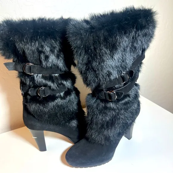 Aquatalia black fur fluffy belted Italian heel mid calf slip on boots booties 7