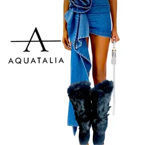 Aquatalia black fur fluffy belted Italian heel mid calf slip on boots booties 7