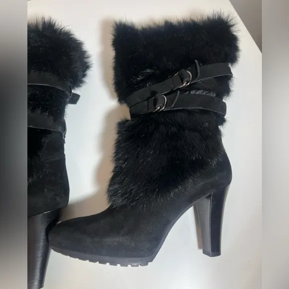 Aquatalia black fur fluffy belted Italian heel mid calf slip on boots booties 7
