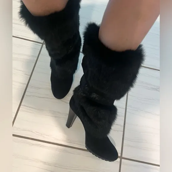 Aquatalia black fur fluffy belted Italian heel mid calf slip on boots booties 7
