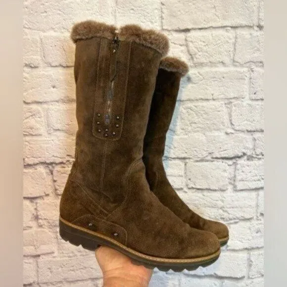 Aquatalia brown suede studded faux fur lined weatherproof boots Size 9