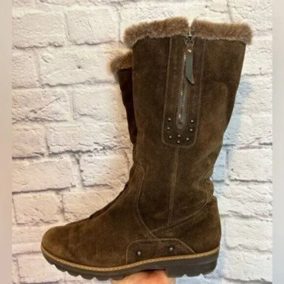 Aquatalia brown suede studded faux fur lined weatherproof boots Size 9