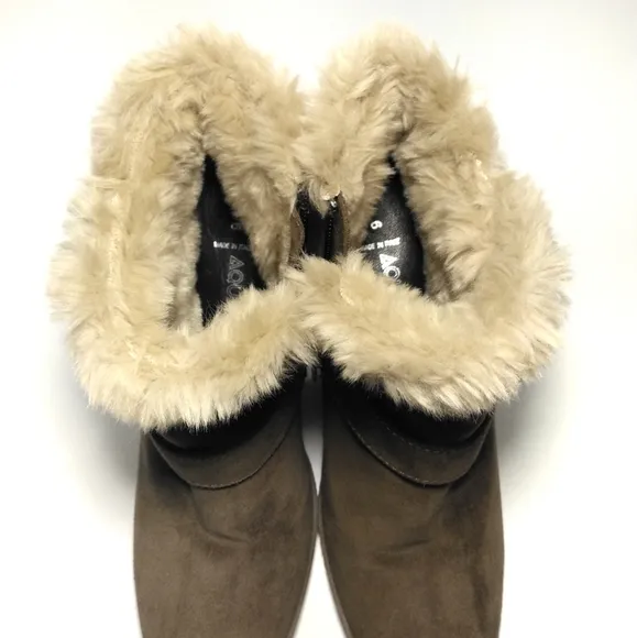 Aquatalia Carlotta Fur Lined Suede Wedge Ankle Boots Brown Cream 6 NWOT