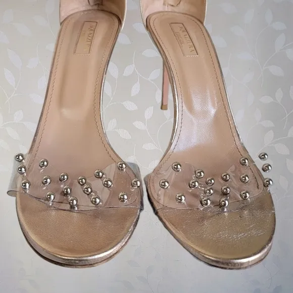 Aquazzura Illusion Studded PVC Plexi Ankle Wrap Metallic Taupe Leather Heels 40