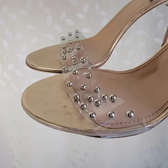 Aquazzura Illusion Studded PVC Plexi Ankle Wrap Metallic Taupe Leather Heels 40