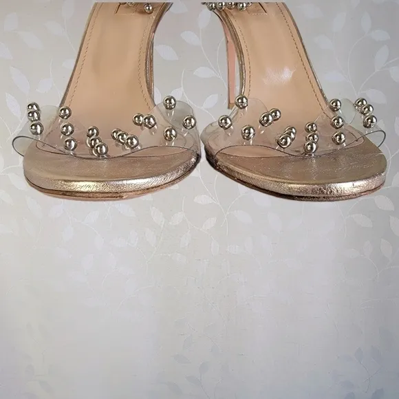 Aquazzura Illusion Studded PVC Plexi Ankle Wrap Metallic Taupe Leather Heels 40