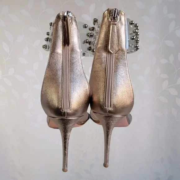 Aquazzura Illusion Studded PVC Plexi Ankle Wrap Metallic Taupe Leather Heels 40