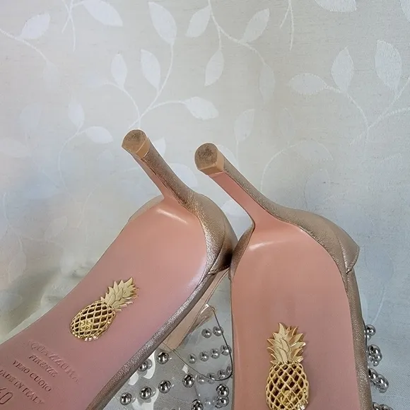 Aquazzura Illusion Studded PVC Plexi Ankle Wrap Metallic Taupe Leather Heels 40