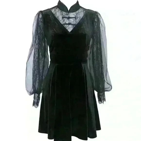 Ariana Long Sheer Sleeve Lace Mini Dress in Black