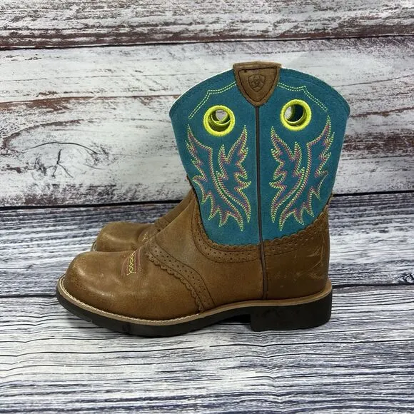 Ariat Fatbaby Brown &amp; Teal Leather Cowgirl Western Boots Youth Size 5