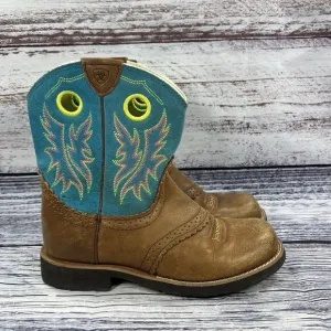 Ariat Fatbaby Brown &amp; Teal Leather Cowgirl Western Boots Youth Size 5