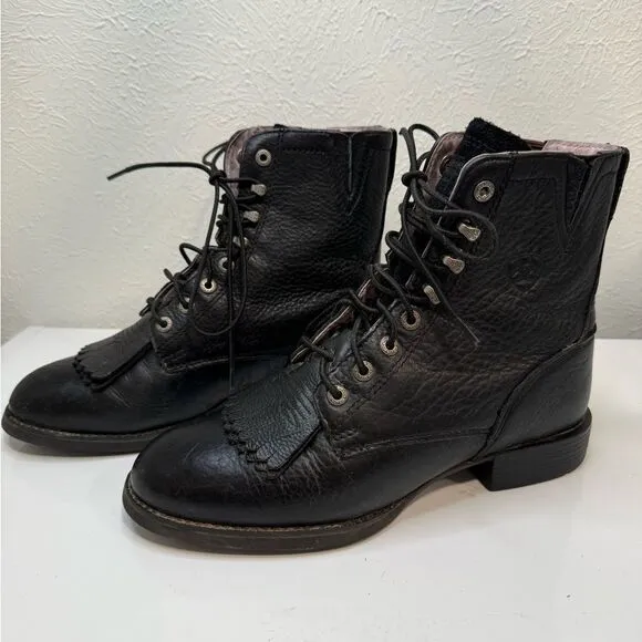 Ariat Heritage Lacer II Roper Style Boots, Black Deertan, sz 7C (narrow)